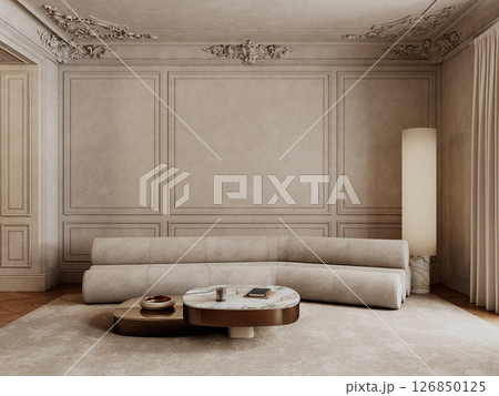 Classic beige interior with pipe sofa, coffee tables, carpet, floor lamp and decor. 3d render illustration mockup. Classic beige interior with pipe sofa, coffee tables, carpet, floor lamp and decor. 3d render illustration mockup. 126850125