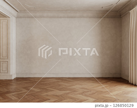 Classic beige empty interior with blank wall, wood chevron floor and curtains. 3d render illustration mockup. 126850129