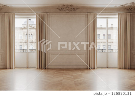 Classic beige empty interior with moldings, and parquet wood floor, 3d render illustration mockup. Classic beige empty interior with moldings, and parquet wood floor, 3d render illustration mockup. 126850131