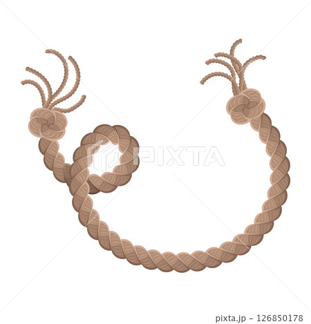 Hanging rope with tassel and node. Knitted nautical thread or marine vertical fiber. Textile tassel hang at rope isolated on white background. Vector illustration 126850178