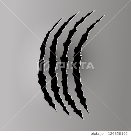 Bear or tiger claw mark. Scratches and torn traces of vector animal paw slashes. Hole in sheet of paper with torn edges. Vector illustration 126850192
