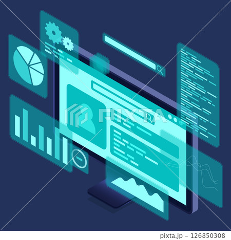 Computer monitor with blue virtual holographic projections with graphs and charts for data analysis. Analytics data on monitor. Web development concept. Isometric technology Computer monitor with blue virtual holographic projections with graphs and charts for data analysis. Analytics data on monitor. Web development concept. Isometric technology 126850308