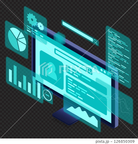 Computer monitor with blue virtual holographic projections with graphs and charts for data analysis. Analytics data on monitor. Web development concept. Isometric technology Computer monitor with blue virtual holographic projections with graphs and charts for data analysis. Analytics data on monitor. Web development concept. Isometric technology 126850309