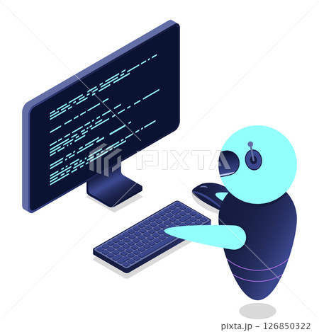 Futuristic robot interaction with computer. Isometric AI robot. Digital communication chatbots. Isometric technology Futuristic robot interaction with computer. Isometric AI robot. Digital communication chatbots. Isometric technology 126850322
