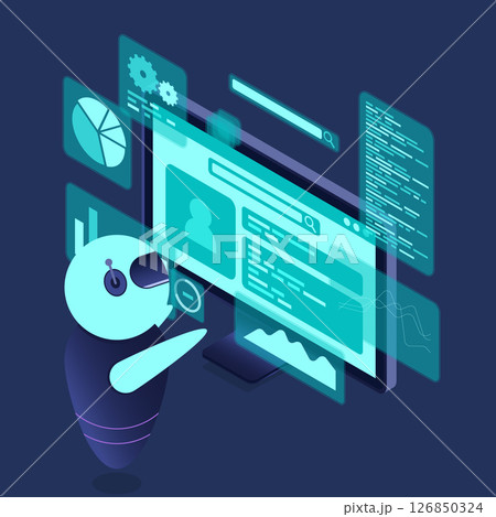 Isometric seo analysis. Search engine optimization analysis concept. Digital technology website. Isometric technology 126850324