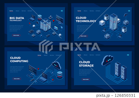 Set of isometric landing page template. Modern technology concept for cloud computing and big data technology. Isometric technology Set of isometric landing page template. Modern technology concept for cloud computing and big data technology. Isometric technology 126850331