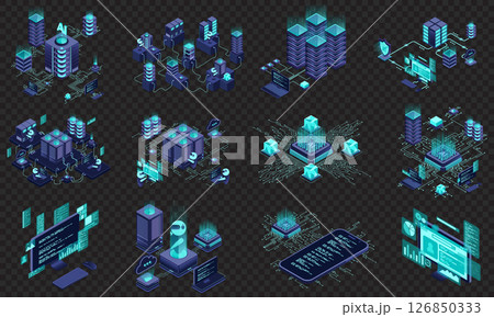 Set of isometric modern technology concept for cloud computing, datacenter, database, artificial intelligence, and blockchain technology. Isometric technology Set of isometric modern technology concept for cloud computing, datacenter, database, artificial intelligence, and blockchain technology. Isometric technology 126850333