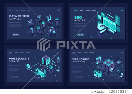 Set of isometric landing page template. Modern technology concept for data center, web hosting, VPN security, and seo analysis. Isometric technology Set of isometric landing page template. Modern technology concept for data center, web hosting, VPN security, and seo analysis. Isometric technology 126850354