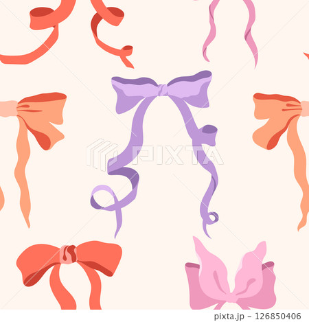 Colorful ribbon bows vector seamless pattern. Cute repeat tile. Pink, lilac, orange and red bowknots on pastel off-white background. Playful modern girly design for wrapping paper, birthday packaging 126850406