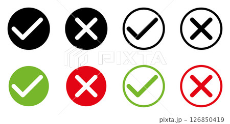 green tick and red x in circle, set of OK check mark and X cross icon symbol, vector illustration green tick and red x in circle, set of OK check mark and X cross icon symbol, vector illustration 126850419