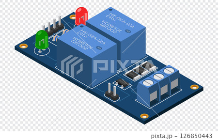 Isometric electronic board. Isometric printed circuit board with electronic components. Electronic components and integrated circuit board Isometric electronic board. Isometric printed circuit board with electronic components. Electronic components and integrated circuit board 126850443