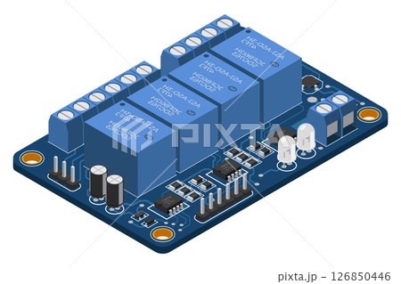 Isometric electronic board. Isometric printed circuit board with electronic components. Electronic components and integrated circuit board 126850446
