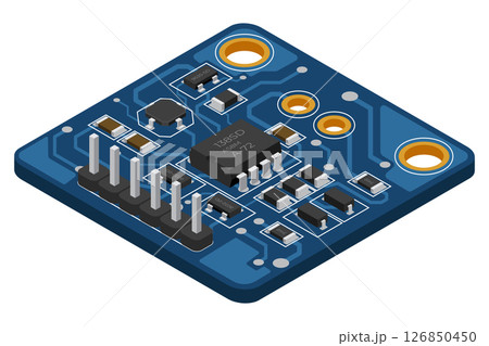Isometric electronic board. Isometric printed circuit board with electronic components. Electronic components and integrated circuit board 126850450