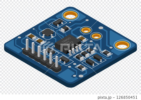 Isometric electronic board. Isometric printed circuit board with electronic components. Electronic components and integrated circuit board 126850451