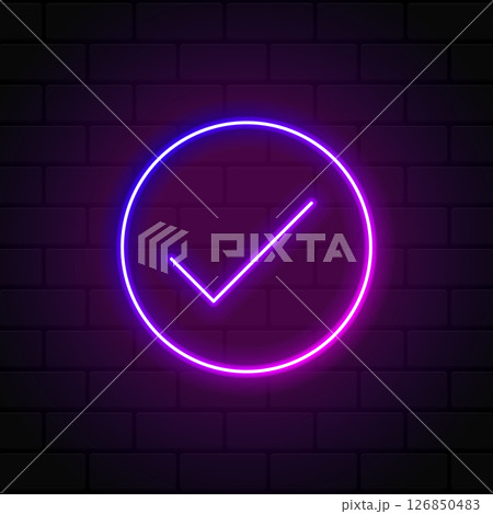 Check mark in neon style. Purple tick check mark. Retro sign with glowing neon. Vector illustration 126850483