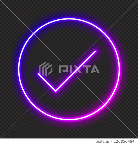 Check mark in neon style. Purple tick check mark. Retro sign with glowing neon. Vector illustration Check mark in neon style. Purple tick check mark. Retro sign with glowing neon. Vector illustration 126850484