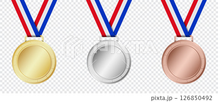 Gold, silver, and bronze medal. Realistic medal set. Prizes for winner. Award with ribbon. Reward isolated. Vector illustration Gold, silver, and bronze medal. Realistic medal set. Prizes for winner. Award with ribbon. Reward isolated. Vector illustration 126850492