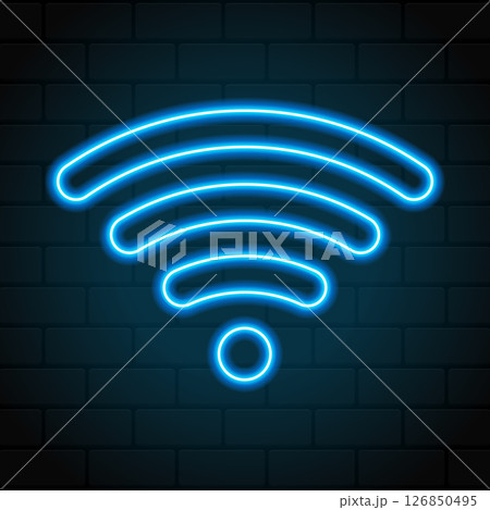 Wifi signal icon in neon style. Wifi signal icon. Web network connect logo sign. Retro sign with glowing neon. Vector illustration Wifi signal icon in neon style. Wifi signal icon. Web network connect logo sign. Retro sign with glowing neon. Vector illustration 126850495