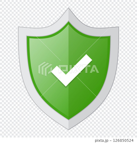 Green badge with shield and check mark. Right mark with protect shield. Shield with check mark. Vector illustration 126850524