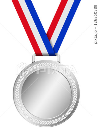 Realistic silver medal mockup. Silver medal with ribbon. Design winner silver medal prize. Winner award medal. Vector illustration 126850589