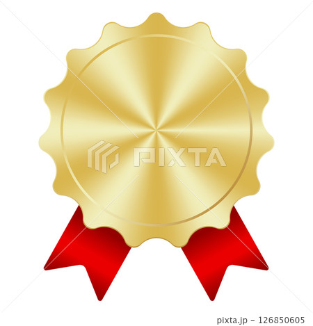 Gold medal. Gold medal with red ribbon. Design winner golden medal prize. Red ribbon award with gold medal. Vector illustration 126850605
