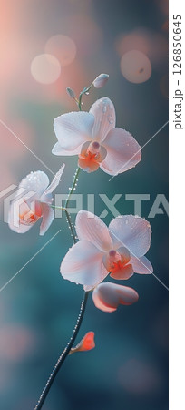 Elegant Orchids with Dew Drops in Soft Morning Light Elegant Orchids with Dew Drops in Soft Morning Light 126850645