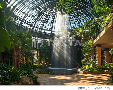 Indoor Waterfall Surrounded by Lush Greenery in Glass Dome 126850679