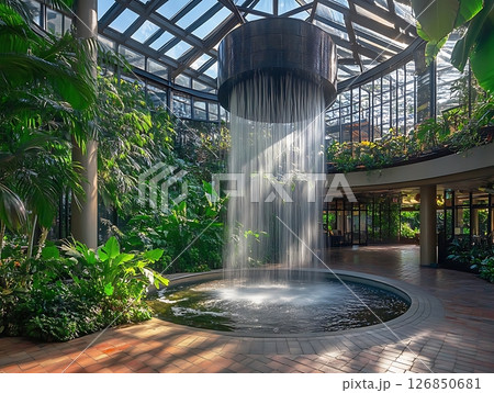 Circular Waterfall in Tropical Atrium with Sunlit Greenery 126850681