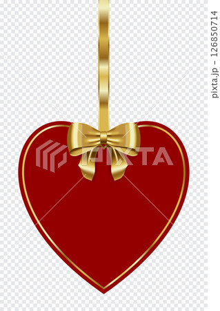 Tag with gold bow. Blank red label with golden ribbon. Paper red frame with gold bow. Vector illustration 126850714