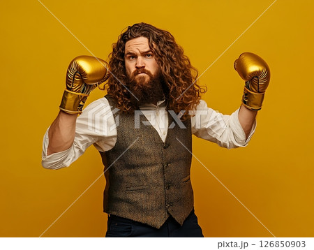 Man with Golden Boxing Gloves Posing in Stylish Outfit 126850903