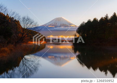 Mount Fuji Reflected at Lake Tanuki, Fujinomiya, Japan 126850952