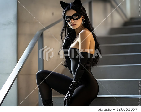 Mysterious Woman in Black Cat Costume on Staircase 126851057