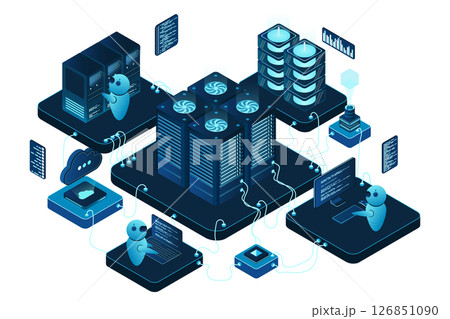 Isometric data center or server room. Data center connection network. Cloud storage. Isometric high technology concept. Vector illustration 126851090