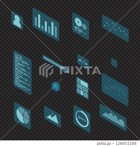 Isometric user interface elements. Infographic charts. Data visualization. Futuristic interface hologram elements. Vector illustration 126851108