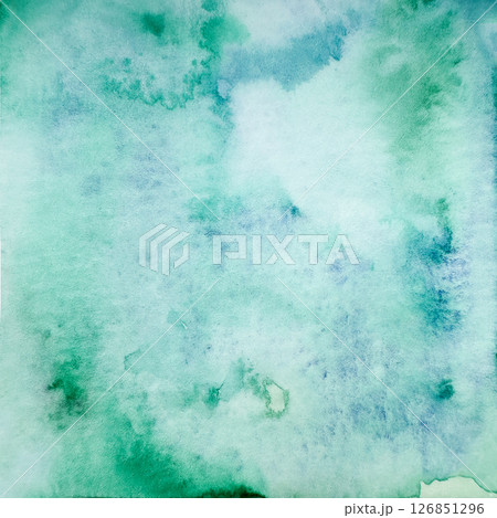 Beautiful turquoise blue watercolor background. Watercolor aquamarine pastel texture of smoke, fog, water, sky. Hand drawn illustration isolated on background. Party invitation, birthday celebration 126851296