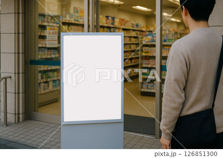 薬局前のサイネージ・案内看板を見る男性の後ろ姿 126851300