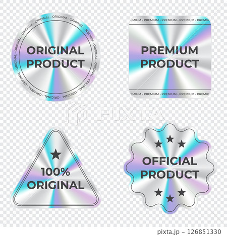 Set of secure holographic sticker. Holographic sticker quality emblem. Shiny rainbow emblem. Symbol of certification product. Vector illustration 126851330