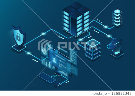 VPN protection with a shield. Virtual private network security technology concept. Cyber security. Vector illustration 126851345