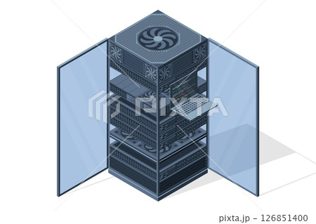 Isometric server. Server racks. Server boxes isolated. Network server room. Computer network technology. Vector illustration 126851400