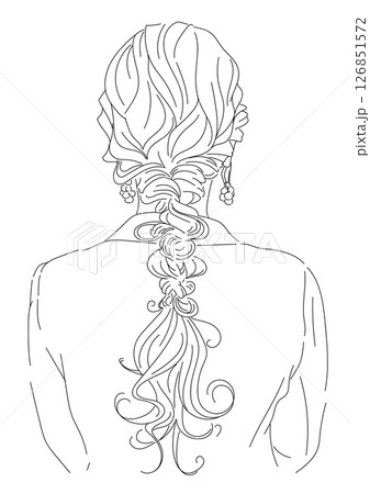 編み込みヘアアレンジをした女性の後ろ姿の線画イラスト 126851572