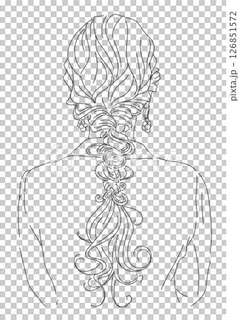 編み込みヘアアレンジをした女性の後ろ姿の線画イラスト 126851572