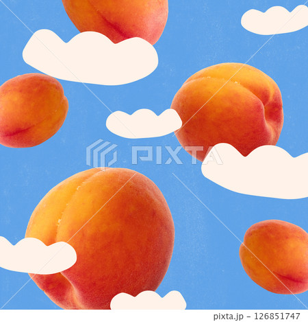 Abstract art collage. Soft orange apricots floating among cream clouds on surreal clear blue sky, as summer dream. Folk art style Abstract art collage. Soft orange apricots floating among cream clouds on surreal clear blue sky, as summer dream. Folk art style 126851747