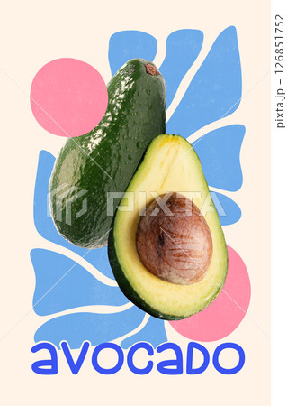 Conceptual art collage. Cut avocado placed on radiant blue shape with pink dots, expressing nourishment and healthy energy. Folk art. Concept of vitamins 126851752