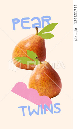 Creative artwork. Two fresh orange pears with green leaves above soft pink curve feel calm and balanced, celebrating natural sweetness Creative artwork. Two fresh orange pears with green leaves above soft pink curve feel calm and balanced, celebrating natural sweetness 126851753