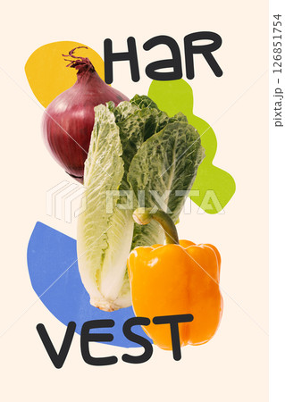 Conceptual art collage. Onion, lettuce and yellow pepper placed vertically over abstract shapes with word harvest split in half, symbolizing unity of crops Conceptual art collage. Onion, lettuce and yellow pepper placed vertically over abstract shapes with word harvest split in half, symbolizing unity of crops 126851754