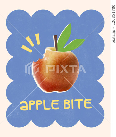 Conceptual design. Apple with bite taken out against soft blue shape, green leaves and yellow lines emphasize freshness, snack mood. Bite Moment. Folk art style 126851780