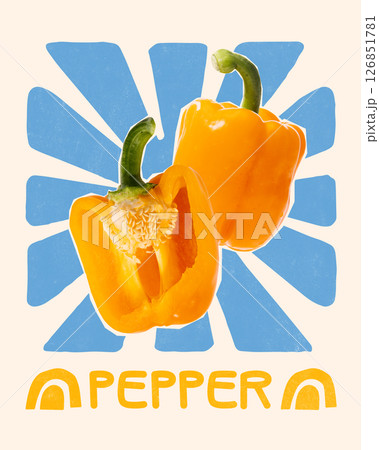 Conceptual collage. Two halves of yellow pepper placed on blue sunbeam background, expressing freshness, boldness and natural shape. Pepper Bloom. Folk art style Conceptual collage. Two halves of yellow pepper placed on blue sunbeam background, expressing freshness, boldness and natural shape. Pepper Bloom. Folk art style 126851781