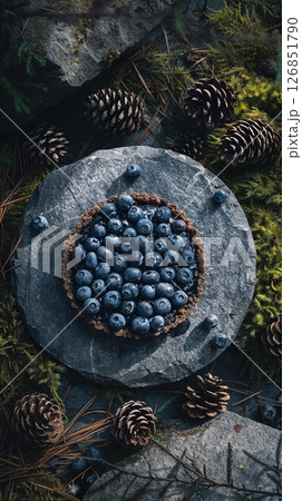 Forest-inspired blueberry tart surrounded by pinecones and moss, styled on a stone surface in natural rustic lighting.  126851790