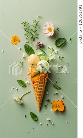 Creative ice cream cone made with herbal and floral flavors, garnished with edible flowers and mint leaves on green background.  126851791