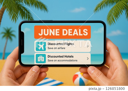Smartphone displaying June vacation discounts for flights and hotels, held on tropical beach with palm trees and summer props.  126851800